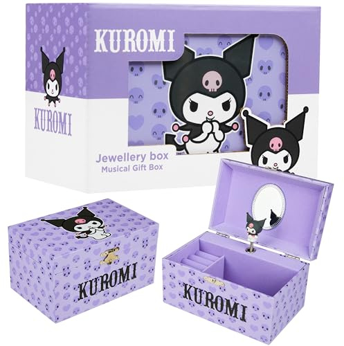 Hello Kitty Sanrio Kuromi Musical Jewellery Box Girls Gift Ideas Tweens Kawaii Bedroom Decor Wind Up Music Box Mirror Storage Drawers Anime (Purple Kuromi)