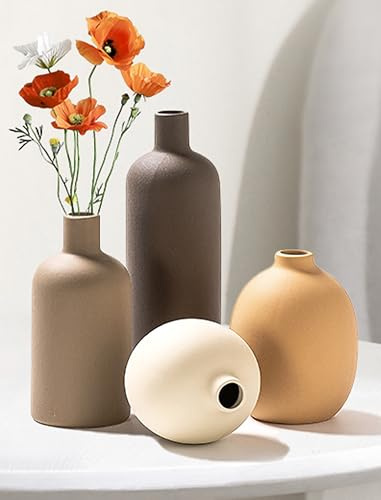 VASETOPIA Vase Keramik Blumenvase 4 Stück, Elegante Pampasgras Home Dekorative Kleine Vasen für Tisch, Tafelaufsätze, Regal (Dunkelbraun/Braun/Orange/Weiß)