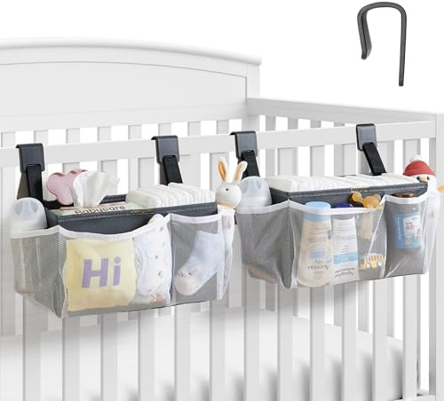 2-Pack Hanging Diaper Organizer for Crib & Changing Table | 50+ Large Capacity Baby Diaper Caddy, Washable Newborn Essentials Organizer for Baby Girl, Ideal Baby Shower Gifts with Hook Straps