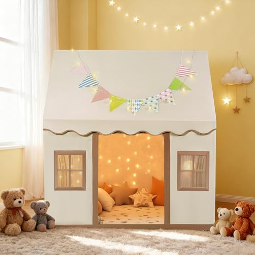 Trsaow Play Tent with Windows Playhouse for Children Foldable Indoor Tent Outdoor Tent Natural Fabric Canvas Toy House Gift for Girls & Boys
