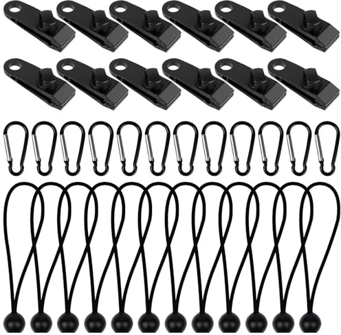 HOTUT Ganci per Teloni, Clip per Tende con 12 Corde Elastiche a Sfera, 12 Moschettoni per Tende da Sole, Tarp Clips per Tenda, Clip da Campeggio Coperture per Piscine, Coperture Marine