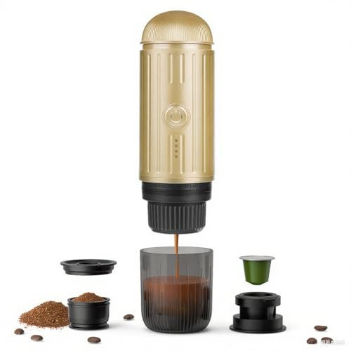 Macchina Espresso Portatile Elettrico Ricaricabile 12V Riscaldamento On-Click Macchina Caffettiera Automatica Compatibile con NS Capsule e Caffè Macinato per Campeggio Viaggi Casa (Oro)