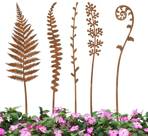 Generico Decorazioni Giardino | Set 5 Aste Vintage | Ornamenti In Stile Rustico Con Fiori E Felci In Ferro Effetto Ossidato Per Prato Balcone Terrazza Cortile Parco Bordi Piscina Decorazioni Floreali