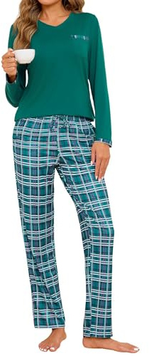 Jahetuul Pyjama Femme en Coton avec Pantalon à Carreaux avec Poches | Coton doux, taille élastique, poches pratiques, à carreaux pour la nuit, la détente et les moments à la maison.
