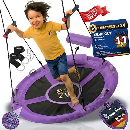 Nestschaukel Outdoor 110 cm, Kinderschaukel, Schaukel Indoor Kinderzimmer, Schaukel Outdoor mit Kissen & Montageset, Stehgriffe und Halteschlaufen, 2 Kinder, für Erwachsene 150Kg, Tellerschaukel, Lila