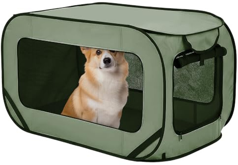 Hundtransportbur vikbar, dubbla dörrar popup-transportbur hund katt, oxfordtyg hundbur bil hundväska robust, bärbara hundar transportlådor för katter och hundar upp till 29,5 kg, grön