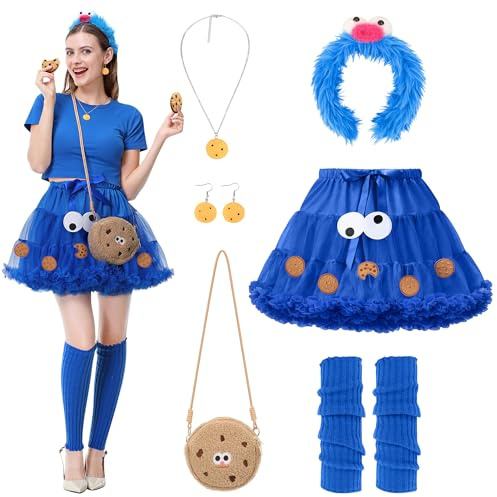 BuntWunder Krümelmonster Kostüm Damen, Cookie Monster Tüllrock Blau, Kekse Monster Kostüm Set Karneval, Cookie Halskette Kopfband Rucksack Ohrringe Strümpfe für Halloween Karneval Fasching Cosplay