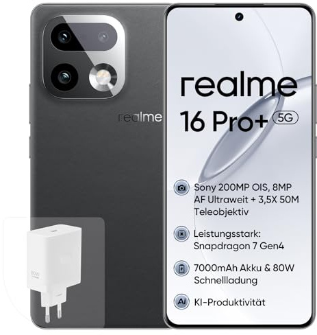 realme 16 Pro+ 5G Smartphone, 8+256GB, Fotocamera 200MP OIS, Obiettivo Ritratto 50MP, Batteria 7000mAh, Display Curvo 6,8 144Hz, Ricarica 80W, Funzioni AI, Dual SIM, Grigio(con Adattatore)