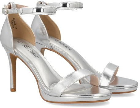 shoes&blues.es Sandalia de Tacon para Mujer con Diseno Elegante, para Ocasiones Especiales y Eventos destacados. Tira Ancha en el Tobillo Metalizada, Cierre de Hebilla y Tacon Alto de Aguja.