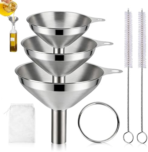 5 Stück Edelstahl Trichter Set, Mini Trichter Küche mit Griff und Langen Reinigungsbürsten Küchentrichter mit 2 Sieb Einfülltrichter Marmeladentrichter für öle Saft Wein (7.5/5.5/4.5cm)