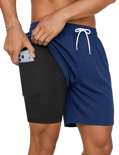 YUTYTH Mens Swim Shorts with Compression Liner Long Swimming Shorts Mens Swimming Trunks with Zip Pockets, 2 in 1 Board Shorts Quick Dry, Holiday Essentials for Men