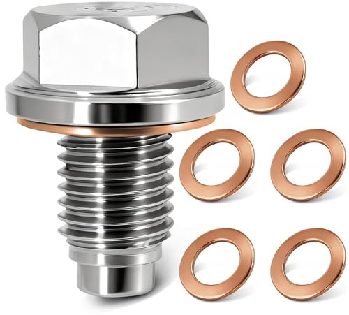 Ruvan Ölablassschraube Magnetisch M12x1.5 mit 5 Kupferdichtungen, Edelstahl Ölwannenablassmutter und Dichtring Set für Auto Motorrad, Ablassschraube Öl Motorschutz Wartung