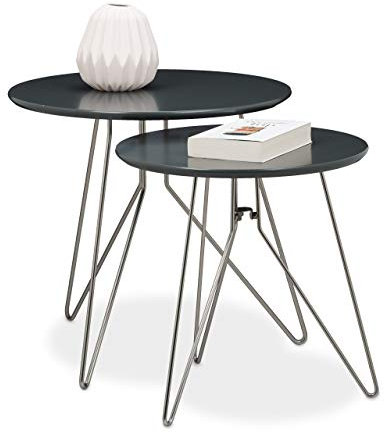 Relaxdays Beistelltisch 2er Set Wohnzimmertische aus Holz mit grau-matt lackierten Tischplatten im Durchmesser 48 und 40 cm als Couchtisch und Telefontisch in zwei verschiedenen Größen, grau matt
