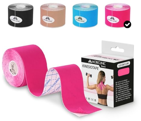 Mobiclinic®, Bande de kinésiologie, Neuro-musculaire adhésive, 5m x 5cm, Sport tape, Soulagement des douleurs musculaires, Adapté à plusieurs zones, Kinesiotape, Face (Rose)
