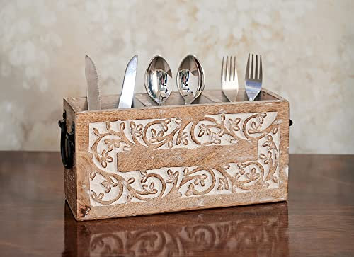 Eximious India Gift for Women Wooden Utensil Cutlery Holder Caddy Flatware and Silverware Organizer Spoons, Forks, Knifes and Napkin Supplies