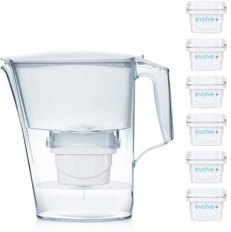 Aqua Optima Liscia Caraffa filtrante per acqua da 2,5 litri, con 6 cartucce filtranti da 30 giorni (confezione da 6 mesi) Evolve+, con tecnologia di filtrazione a 5 fasi a flusso rapido