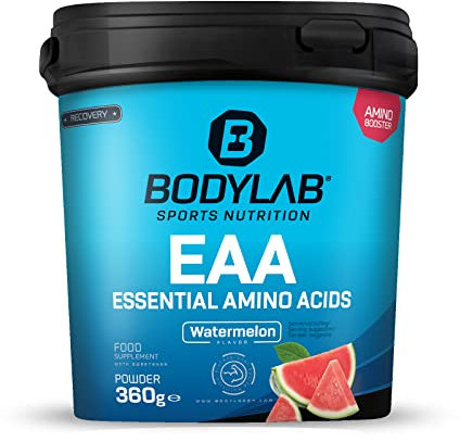 Bodylab24 EAA Essential Amino Acids Sandía 360g, 8 aminoácidos esenciales en altas dosis, todos los BCAA y EAA incluidos, vitamina B6, EAA en polvo, delicioso sabor afrutado