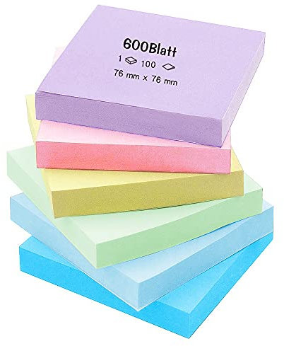 Haftnotizen Pastell 3x3, 6 Pads Notizzettel Selbstklebend Set, Klebezettel Bunt für Büro Schule und Heim, 600 Blatt Insgesamt