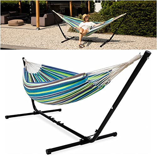 VITA5 Hängematte mit Gestell für Garten Balkon Camping | Entspanne im Garten oder beim Camping auf Weichem Baumwollgewebe mit Verstellbarem Gestell und Tragetasche
