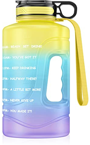Bouteille d’eau avec marquages de temps et encouragements (en anglais), avec paille et poignée, sans BPA, anti-fuite, pour fitness, salle de sport et sports de plein air, 2,2 L, jaune