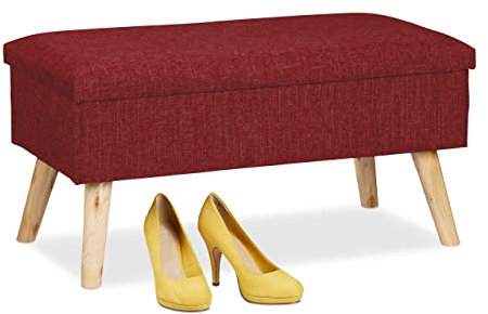 Relaxdays Panca con Contenitore, Panchetta Imbottita Moderna, Gambe in Legno, in Stoffa HLP 39 x 77 x 39 cm, Rosso Scuro