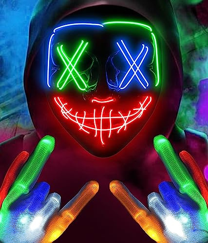 Mascara Halloween Guantes máscara LED, Disfraz Halloween Mujer Niña Adulto Adolescente, La Purga de Disfraces Halloween Para Parejas, Múltiples Modos de Brillo Mascara Halloween Terror