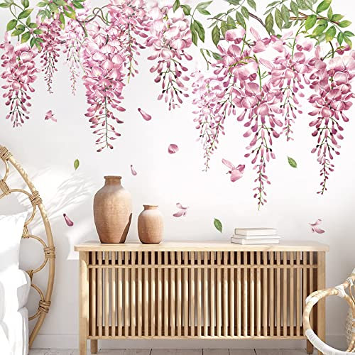 decalmile Wandtattoo Hängende Rebe Rosa Blumen Wandaufkleber Blüten Baum Ast Pflanzen Wandsticker Schlafzimmer Wohnzimmer Sofa Wanddeko