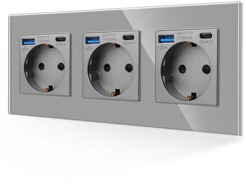 JIMEIDA Steckdose mit USB 20W Schnelles Laden Grau, 3 Fach 16Amp Glas Schuko Steckdosen mit USB Anschluss und Typ C Port, 228 * 86mm, 250V