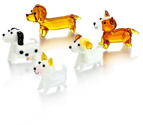H&D HYALINE & DORA 5er Pack mundgeblasene Hundefiguren aus Glas, Miniatur Hundefiguren Set aus Glas mundgeblasene Glaskunst Tierfigur zum Sammeln, Heimdekorationsgeschenk