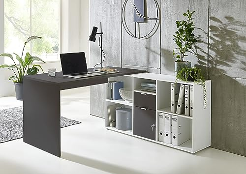 BMG Möbel Eckschreibtisch Lena abschließbarer Tür, Computertisch, Winkelschreibtisch, Homeoffice, Bürotisch, Made in Germany (Anthrazit/Weiß)