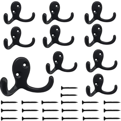Kruodop Wandhaken zur Wandmontage, Kleiderhaken zum Aufhängen, strapazierfähig, schwarze Handtuchhaken, Metall-Doppelgarderobe mit Schrauben, für Mäntel, Handtaschen, Handtücher, Hüte, 10 Stück