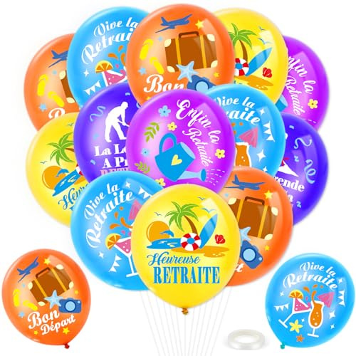 DPKOW 25pcs Coloré Retraite Ballons pour Femme Homme Fête de Retraite Décoration, Heureuse Retraite, Vive la Retraite, Enfin la Retraite