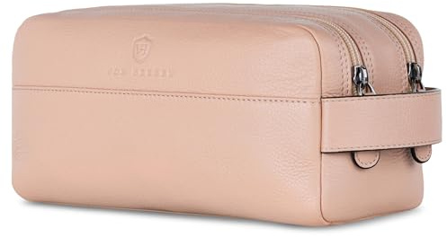 VON HEESEN Kulturbeutel Leder Kulturtasche für Herren & Damen - Echtleder Necessaire ideal zum Reisen - Waschtasche und Kosmetiktasche mit Zwei Hauptfächern Rose, groß