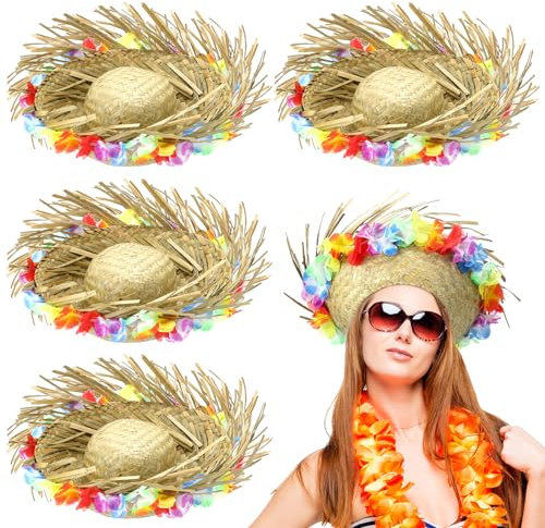 Patelai 4 Pcs Hawaii Straw Hat Pava Hat Puerto Rico Pava Scarecrow Costume Accessory Beachcomber Hats for Costume Halloween, Multicolor, Floral Style