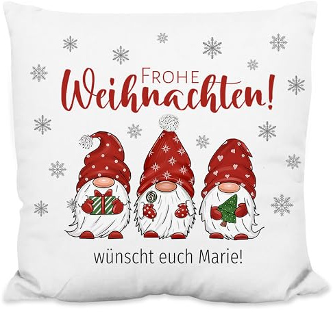 True Statements Weihnachtskissen personalisiert „Frohe Weihnachten!“ mit 3 Wichtel-Motiv - 40x40cm, inkl. Kissen-Füllung – Deko Zierkissen Geschenk Weihnachten (Flauschiges Kissen)