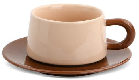 Tazze da Caffè da 220 ml, Set di Tazza e Piattino, Tazzine Caffe e Cappuccino, Tazza da Tè Pomeridiano, Tazze Colazione Mug Ceramica, Tazze da Espresso con Manico per Latte, Moka (Marrone Scuro)