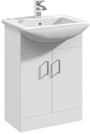 Balterley Vanity Unit with Basin Floor Standing, 2 Door Soft Close with Curve Sink and Handle, Bathroom Vanity Units with Basin, Bathroom Sink Storage Cabinet - 550 x 425 x 836mm (White)