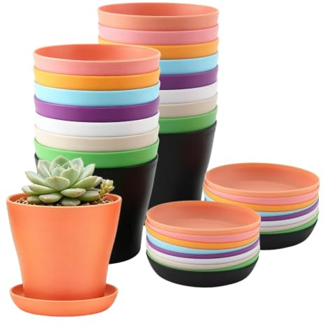 FAAING 18 Stück 10 cm Blumentopf Plastik Bunt, 9 Farben Kleine Anzuchttöpfe Blumentopf mit Untersetzer Bunt, Bunte Kunststoff Blumentöpfe Klein für Draussen, Drinnen, Büro, Balkon