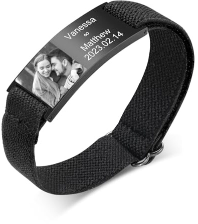Armband Herren mit Gravur - Personalisierte Nylon Elastische Strap Armbänder mit Graviert Namen Text Foto für Männer Frauen Jungen, Geschenke Geburtstag Vatertag Abschlussfeier Weihnachten