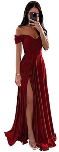 ECDAHICC Schulterfreies Brautjungfernkleid Für Damen Satin Langer Schlitz Elegantes Formelles Abendkleid A-Linie Hochzeits und Partykleid WR-XS