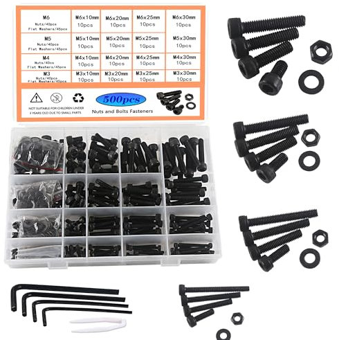 HVDHYY M3 M4 M5 M6 Tornillos Juego de Surtido de Pernos Negros Arandelas de Acero Al Carbono Tuercas Tornillos de Cabeza Hueca Hexagonal con Caja de Almacenamiento 4 Llaves Inglesas 500pcs