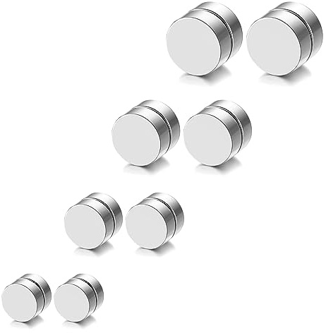 OIDEA Magnetic Earrings for Men: 4 Pairs 6-12mm Silver Stainless Steel Magnetic Fake Gauges Earrings Set Hypoallergenic Non Pierced Earring Jewelry Gifts for Men Women