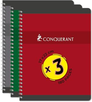 CONQUERANT Lot de 3 Cahiers 17x22 180 Pages 70g Seyès Reliure Intégrale Couverture Carte Couleurs Assorties