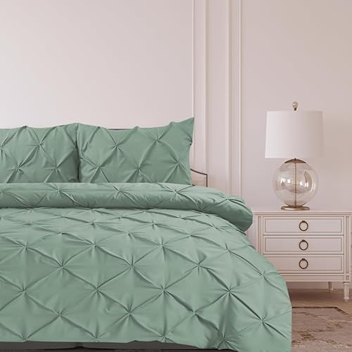 Set copripiumino Bronwen Mathews per letto matrimoniale in microfibra morbida con motivo pizzico e piega, colore verde salvia, con 2 federe, set di biancheria da letto facile da curare e senza pieghe