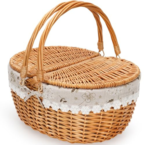 ZORMY 15 Wicker Picnic Baskets with Removable Liner, Empty Picnic Basket with Lid, Picnic Hamper with Folding Woven Handles for Picnic, Camping, Outdoor, Halloween, Thanks Giving - WhiteKapok