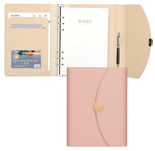 FYY A5 Ringbuch, PU Leder 6 Ringe Notizbuch, Tagebuch Journal mit Nachfüllbar Liniert Papier 100 Blätter/200 Seiten, Organizer Planer für Schule, Büro, Schreiben Rosa