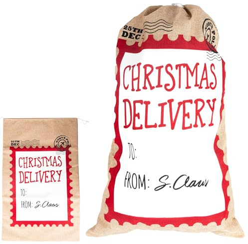 SHATCHI Großer Weihnachtsmann-Sack, 48 x 78 cm, Sackleinen, Geschenktüte mit Kordelzug, personalisiertes Nordpol-Design, Weihnachtszubehör, Beige mit Weiß