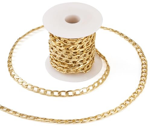 Spritewelry Catena barbazzale in alluminio placcata oro, 5 m, maglie intrecciate, non saldate, con bobina, per la creazione di gioielli, 10 x 6 x 1,6 mm