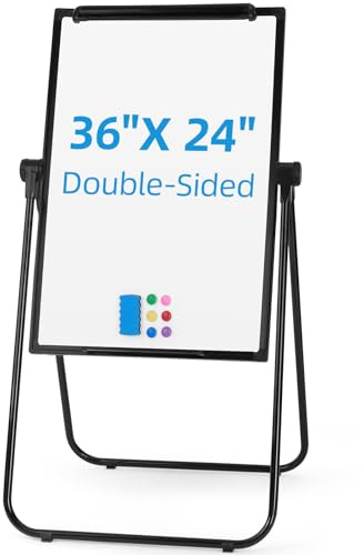 VOWNER Portable Stand White Board, Foldable 36 x 24 Double-Sided Flipchart Whiteboard Easel, Magnetic Height Adjustable Rotating Dry Erase Board for School Office or Teaching at Home, Black