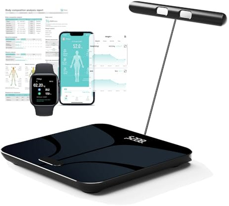 Pèse Personne Balance Connectée Impédancemètre Avec 8 Électrodes Haute Précision, 28 Données Corporelle Mesure BIA à Double Fréquence Avec APP pour Andriod et iOS, Max. 180kg/400lb/28st